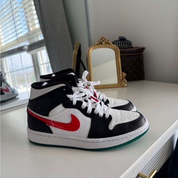 Jordan 1 Mid Women's Sneakers - Black, White, Red - Picture 1 of 6